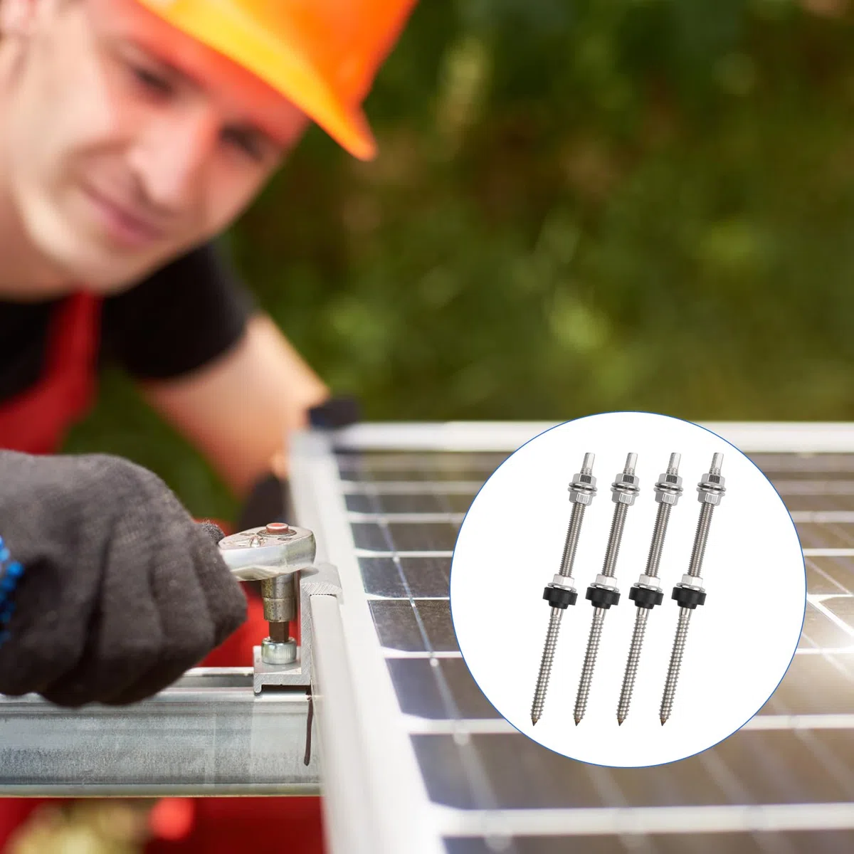 Tornillos para Fotovoltaicos M10 x 200mm, Pernos Solares de Altura Ajustable 4PCS, Incluido Tornillos Autorroscantes Doble Cabeza, Tuercas de Dientes de Bloqueo, Juntas de Goma
