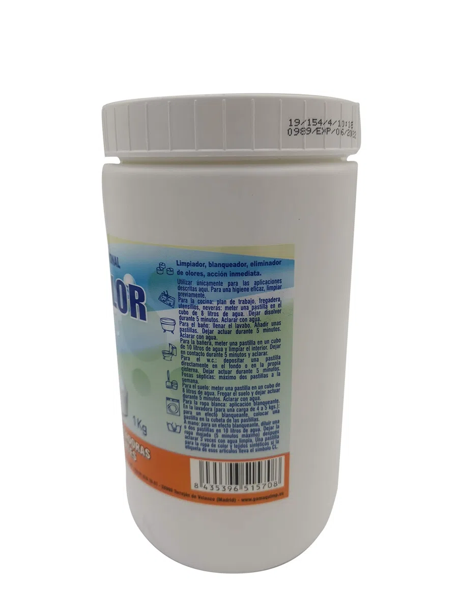 Lejía en pastillas. Bote de 300 pastillas limpiadoras efervescentes, blanqueadoras y eliminadora de olores. 1 kg.