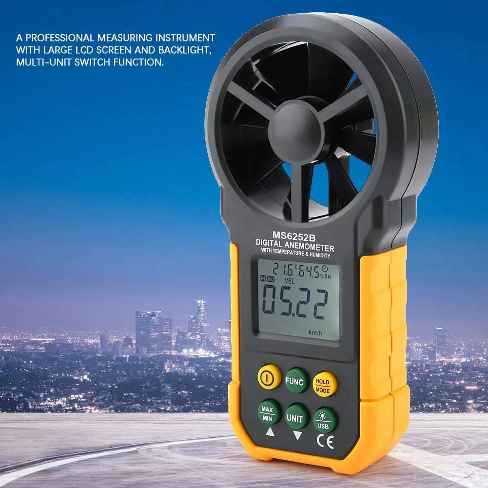 Anemómetro digital, PM6252B Velocidad de viento de mano LCD Luz de fondo LCD Medidor de volumen de aire Medidor de velocidad de viento Medidor de temperatura de humedad Medidor de temperatur