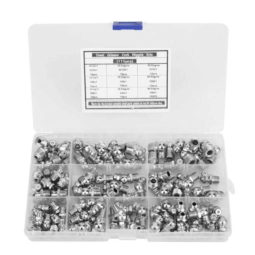 Kit de accesorios de engrase hidráulico de 115 piezas, accesorios de engrasador Zerk de grasa de acero Anticorrosión y antioxidante M6 M8 M10 incluyendo codo de tubo recto