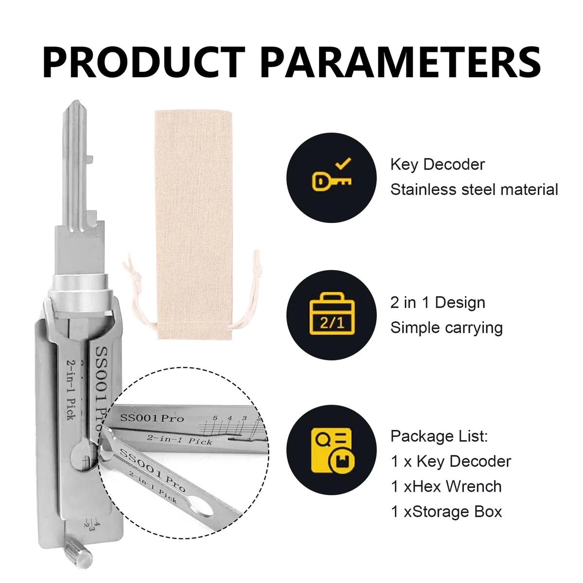 Decodificador Llaves Acero Inoxidable, Decodificador para Cerradura, Decodificador Llaves Acero Inoxidable Ss001, con Bolsa Almacenamiento, Herramientas Profesionales Cerrajería (SS001)