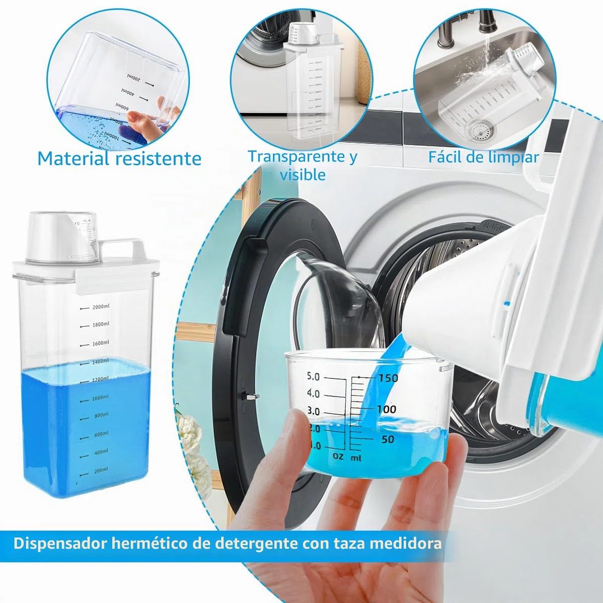 Pack de 2 Detergente Lavadora Liquido, Detergente Lavadora Polvo, Dosificador 2300 ml con Vaso Medidor, Dispensador Transparente para Lavanderia