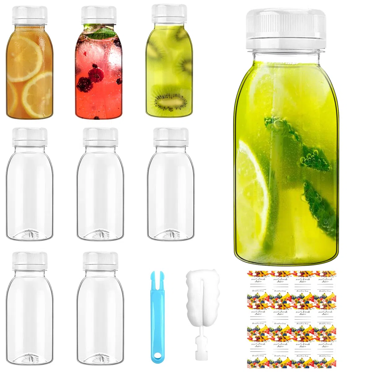Botellas de jugo de plástico de 200 ml, botellas pequeñas de 100 ℃ con tapas, sin BPA, reutilizable, con tapas, mini chupito de jengibre vacío para jugo de leche, batido, agua, mini refrigerador