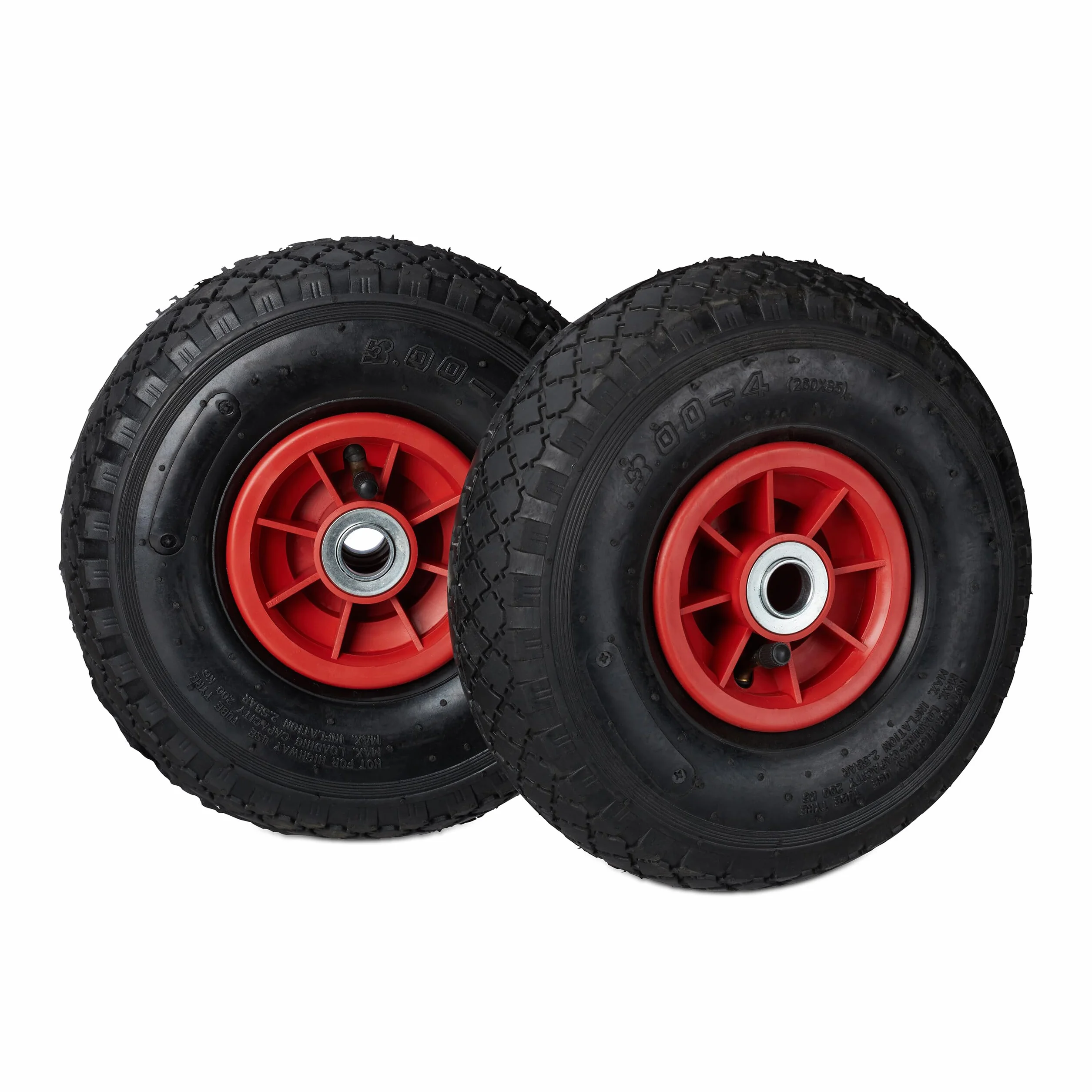 Relaxdays Set de Dos Ruedas de Carretilla, Neumáticos de 3.00-4, hasta 80kg, Llanta de plástico, 260x85 mm, Negro y Rojo