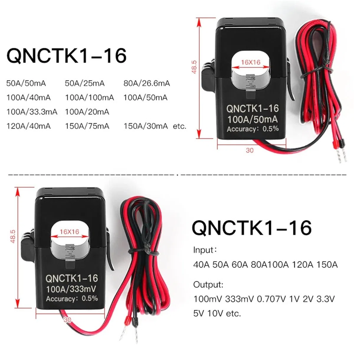 Transformador de corriente 100A 50mA 40mA 50A 25mA 33.3mA 20mA 100a 100mA 2000 Sensor dividido 1 unidad(QNCTK1-16 100A-50mA)