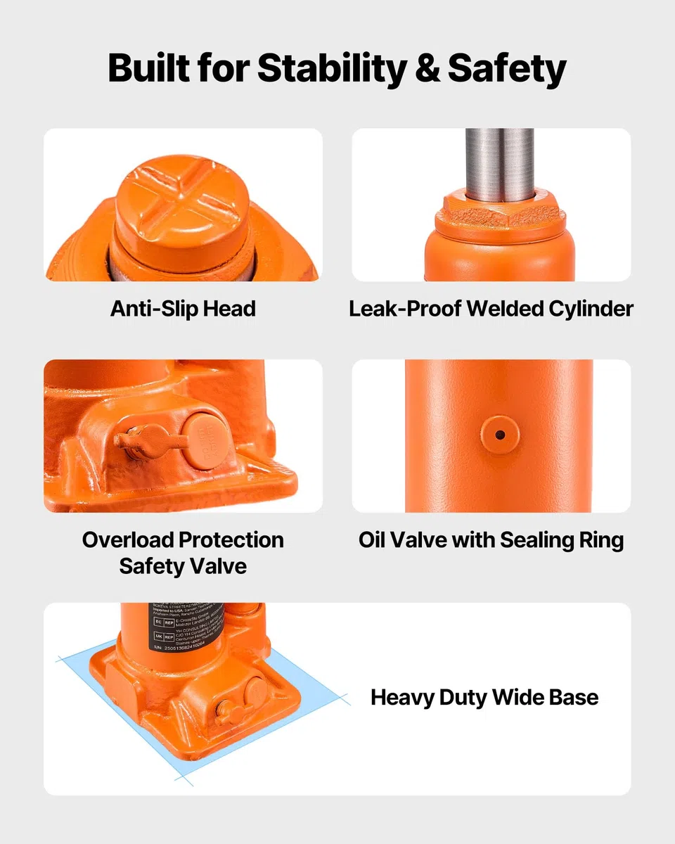 VEVOR Gato Hidráulico de Botella, Capacidad de 4 T, Rango de Elevación de 185-350 mm, para Automóviles, SUV, Camionetas, Talleres Mecánicos, Elevadores de Viviendas y Equipos Agrícolas, Naranja