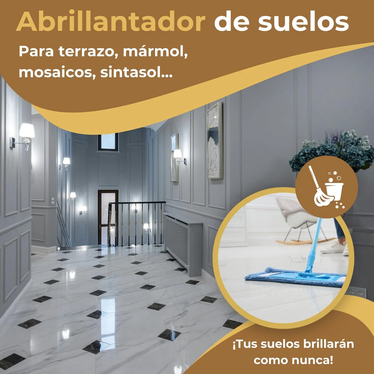 Abrillantador para Suelos de Terrazo, Mármol y Mosaicos 1L - Friegasuelos Profesional de Brillo Duradero - Limpiador Protector para Sintasol y Superficies Duras - Cuidado Superior del Hogar