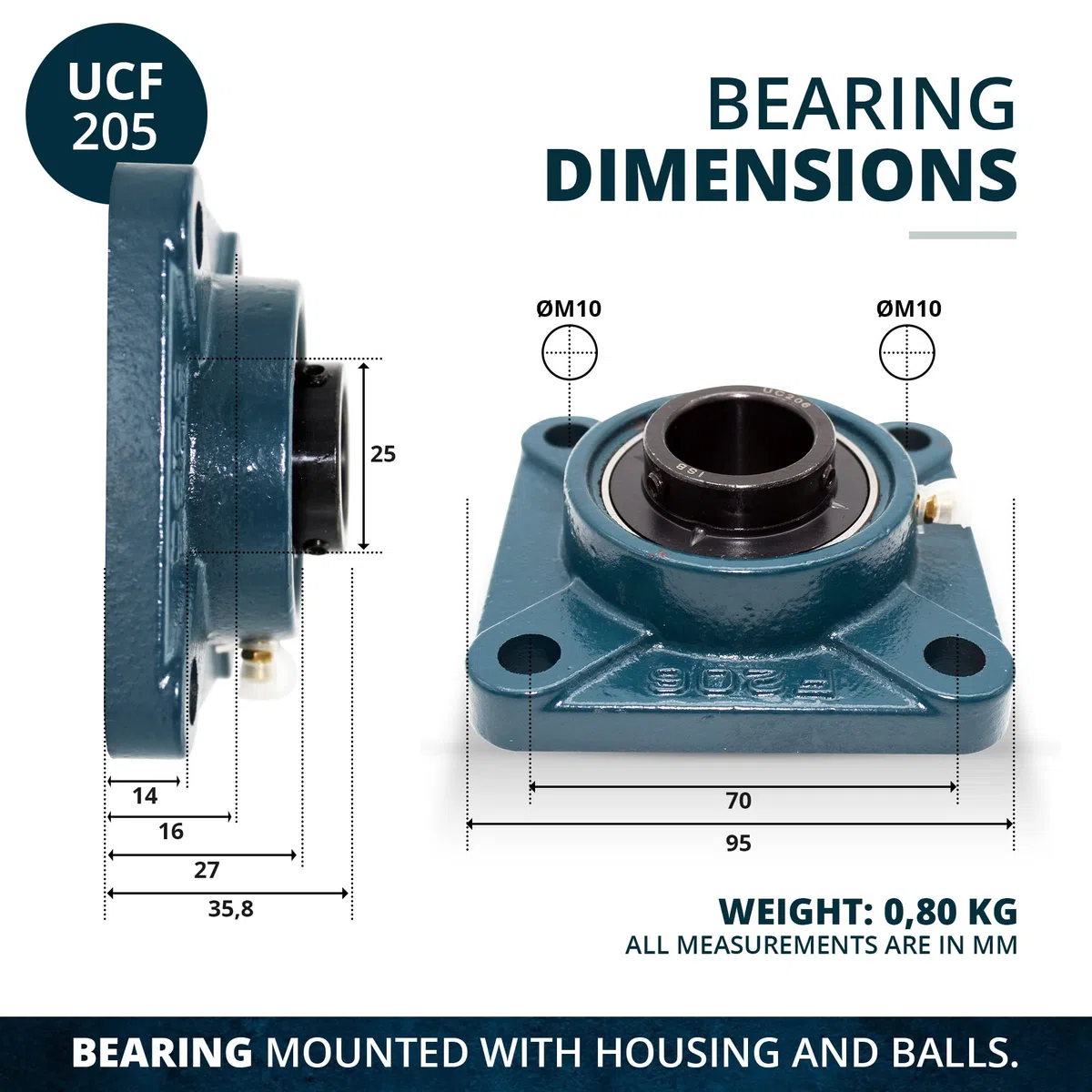 DOJA Industrial | Rodamientos con Soporte UCF 205 | Cojinetes de Bolas para Eje de 25mm | Pack de 2 unidades | Principales usos: Fresadoras, Impresora 3D, Bricolaje.