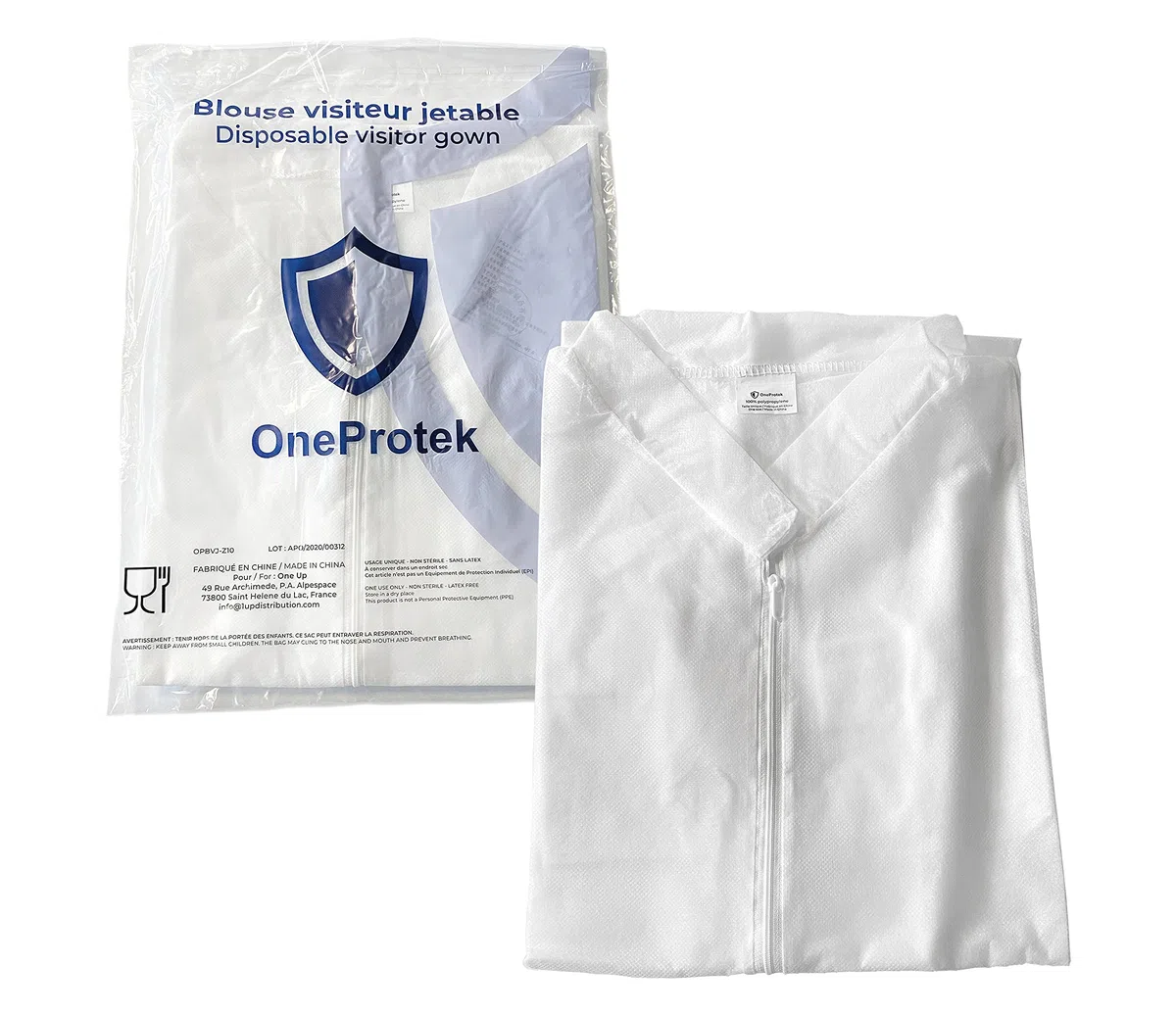 Sobrebata desechable para visitantes (10 unidades, talla XXL, cierre de cremallera, manga larga, manga larga, puños de jersey de polipropileno, 25 g)