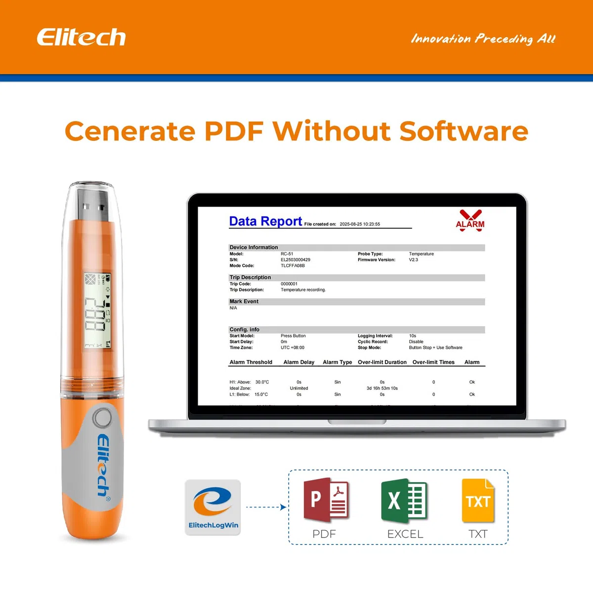 Elitech RC-51 PDF Registrador de Datos de Temperatura, Data Logger USB Registrador Tester Points Pen Style 32000 Puntos de Registro Data Logger para Transporte de Alimentos Medicamentos Certificado CE