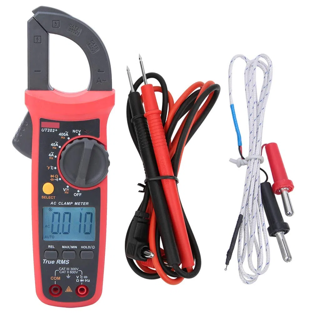 UT202 Plus Pinza amperimétrica portátil de mano con rango automático True RMS, tamaño de apertura de mandíbula de 28 mm, con pantalla LCD retroiluminada grande, para elect