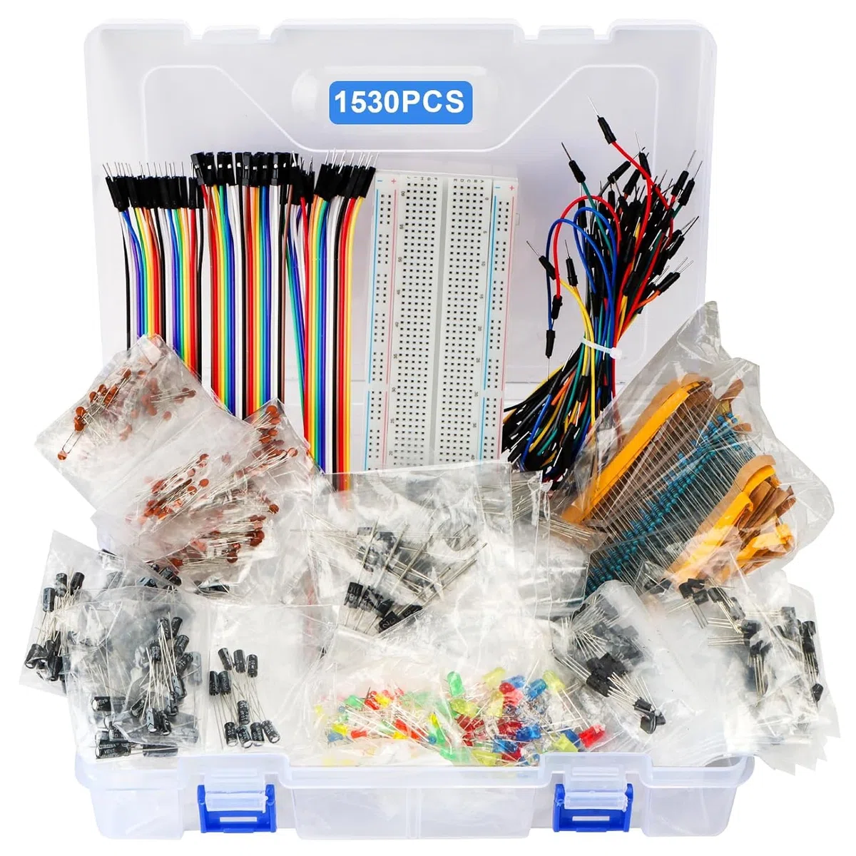 1530 Piezas Kit de Componentes Electrónicos con Resistencia de película metálica,Condensador,Diodo,Diode LED,Transistore,Cables Dupont,Cable Jumper y Breadboard, para UNO R3