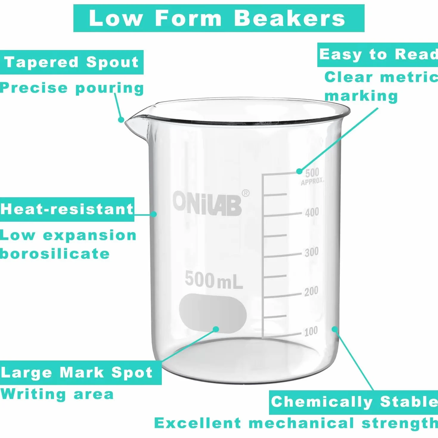 Conjunto de vasos de vidrio onilab 50ml 100ml 250ml 500ml 1000ml (un paquete de 5 piezas) 3.3 boro Griffin low forms, con cristalería científica de graduación impresa para laboratorio