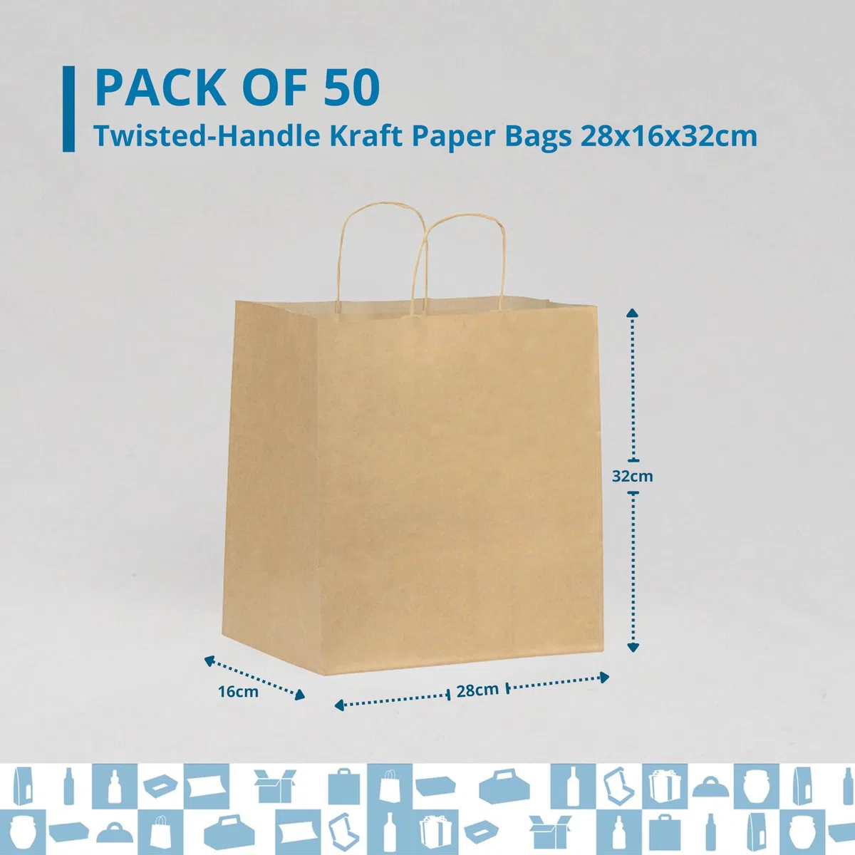 50 bolsas de papel Kraft con asas | bolsa Take Away: bolsa de comida para llevar | bolsa de regalo para Navidad (28 x 16 x 32 cm)