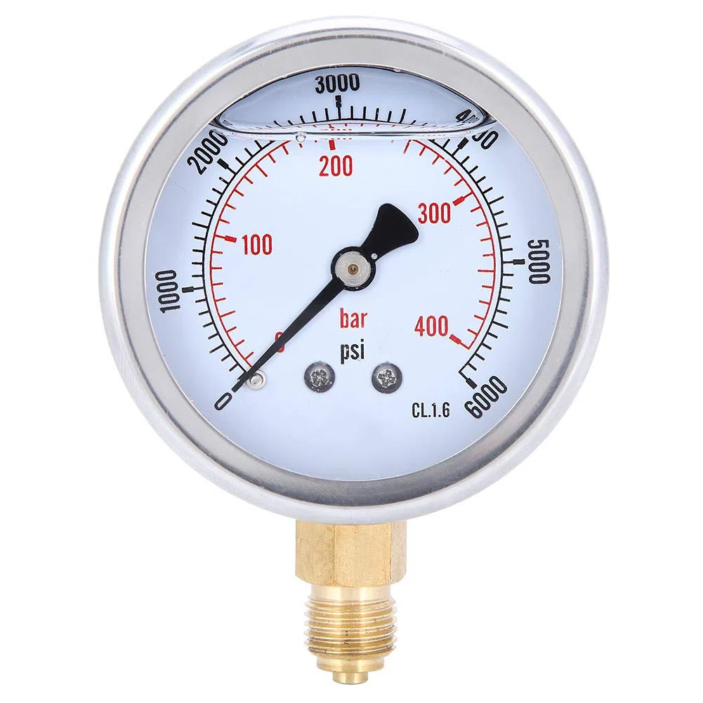 Manómetro de Presión 400 bar 6000 psi 1/4 BSP Radial Acero Inoxidable Latón Esfera Transparente para Sistemas Hidráulicos y Neumáticos