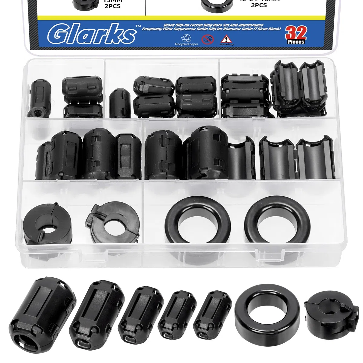 Glarks 32pcs Black Clip-on Ferrite Ring Core Set Incluye 28pcs 3.5/5/7/9/13MM Clips de cable de diámetro interno Clips de cable de supresor de ruido RFI EMI 2pcs Toroid Cores 2pcs Ferrite Cores
