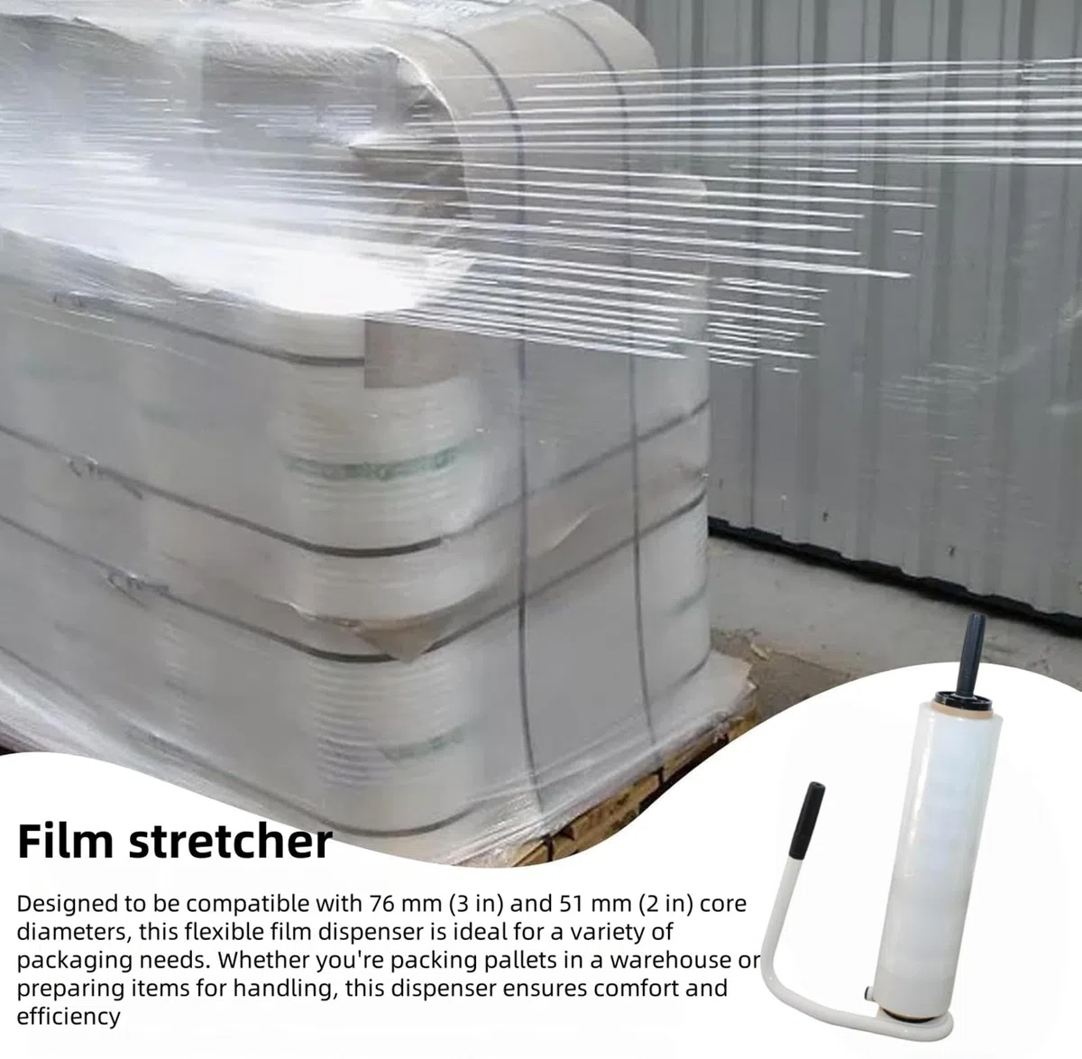 Distribuidor de film extensible para palets: dispensador de film retráctil y de calidad industrial | Distribuidor de soporte de envoltura retráctil de tensión ajustable