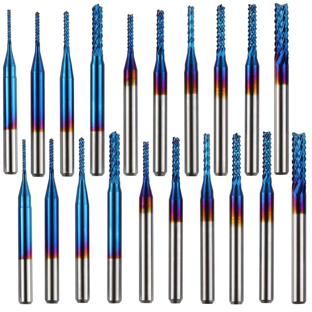 ASNOMY Fresas CNC Nano Blue Coat de 20 unidades, 0,8 – 3,175 mm Fresa Perforadoras con vástago de 1/8", juego de Fresa de Punt para plástico, aluminio, placas de circuito, madera