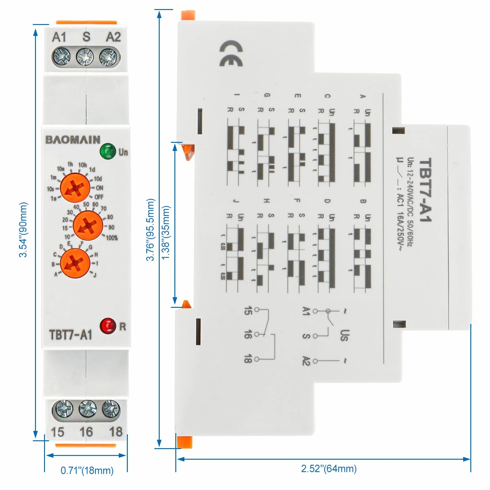BAOMAIN Relé temporizador multifunción 12-240 VAC/DC 16 A 10 funciones, 1 SPDT, relé temporizador para montaje en carril DIN, TBT7-A1