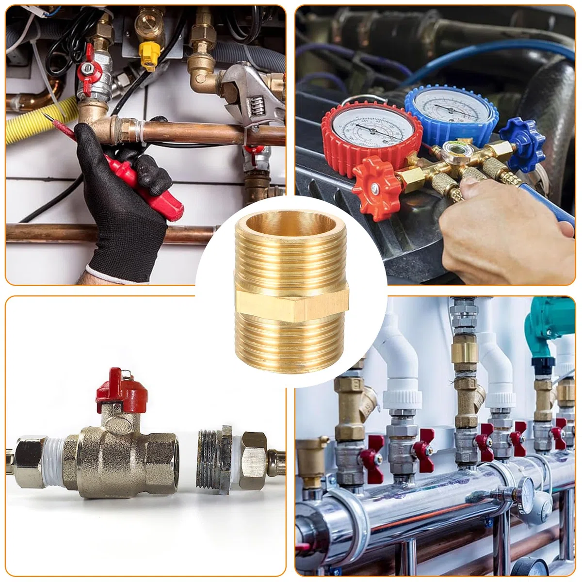 6 unidades de boquilla reductora de 1/2 pulgadas, rosca exterior de latón, accesorios hexagonales de rosca de latón para calefacción de agua potable, sanitarios (G1/2 hasta G1/2")
