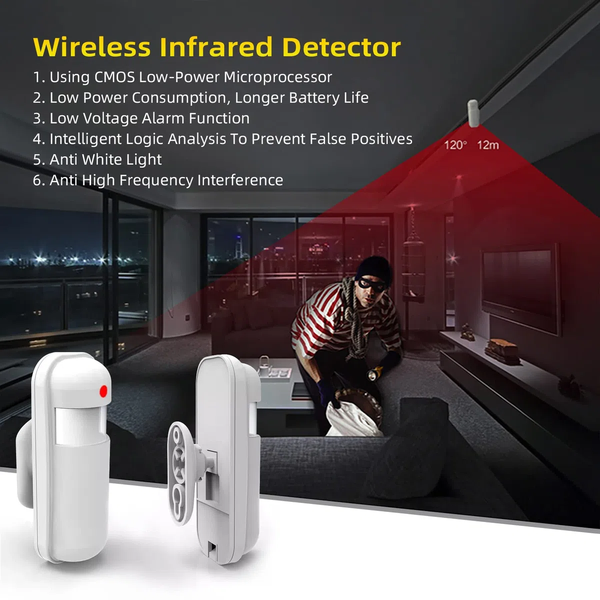 Sensor infrarrojo inteligente de intrusión para el hogar, detector de movimiento PIR antirrobo para PGST 103 105 107 108 109 sistema de alerta antirrobo para el hogar (paquete de 3)