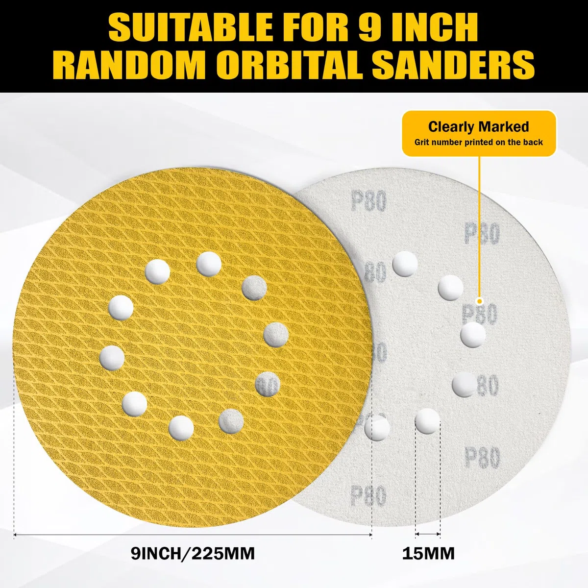 Discos de Lijado - 40 Piezas de 225 mm, Grano 40/60/80/100/120/150/180/240, 10 Agujeros, Lijadora de Gancho y Bucle, Ideal para Paneles de Yeso y Lijadoras de Cuello Largo