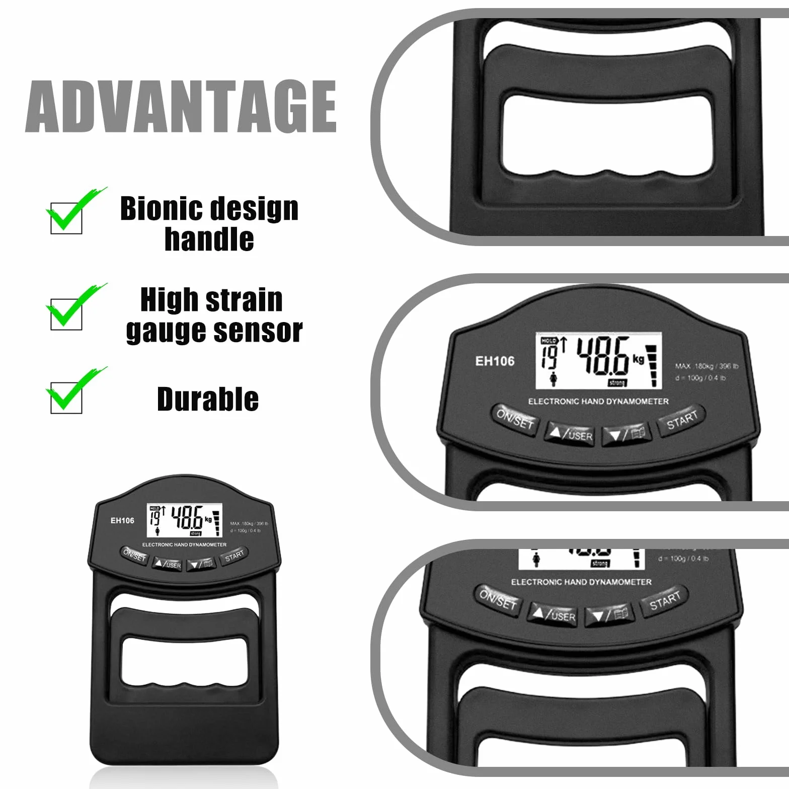 Medidor de fuerza digital manual, 396lb/180kg, dinamómetro de mano, inteligente y sensible, agarre de fuerza electrónica, gran pantalla LED con cable de carga USB
