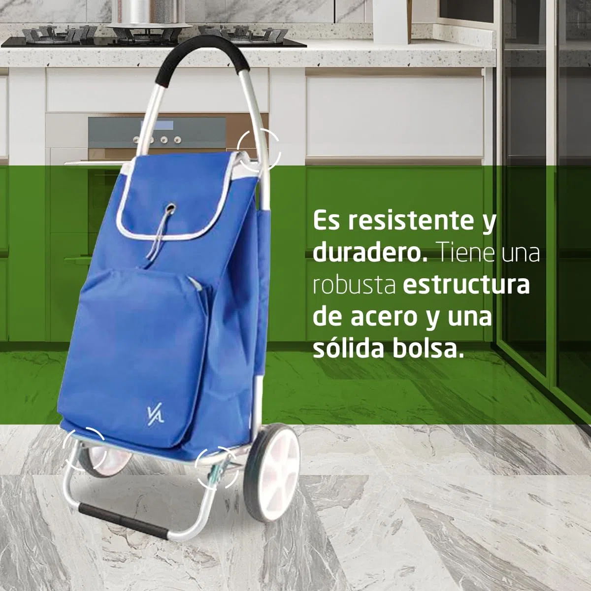 Amig - Carro de la Compra de 2 Ruedas - Bolsa Ajustable - Aluminio Ligero - Carga Máxima 15kg - Capacidad de 50 L - Medidas: 95 x 45,5 x 12 cm - Color: Azul