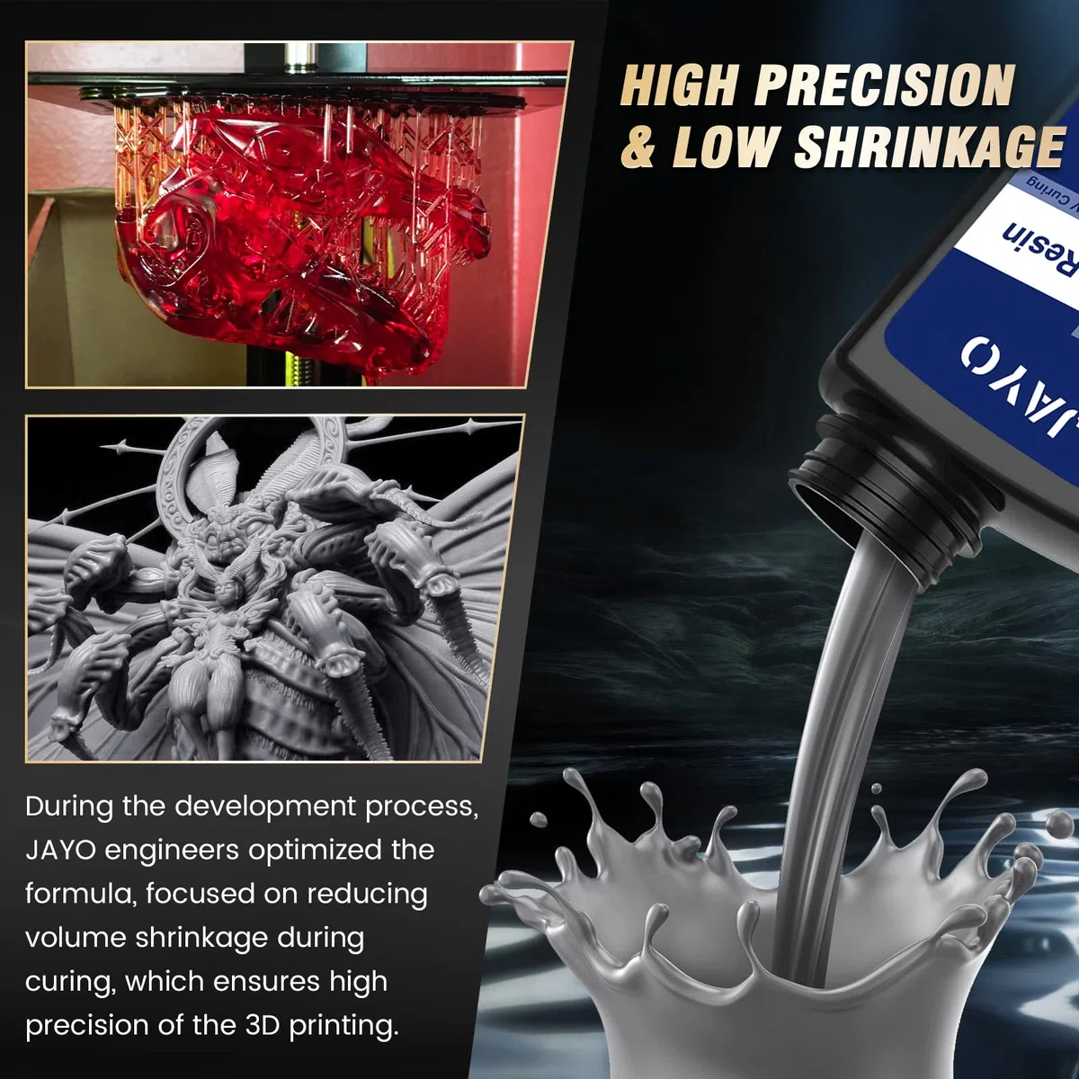JAYO Resina para Impresora 3D 2KG, 405nm UV Estándar Resina Fotopolímera de Curado Rápido para Impresora 3D LCD DLP SLA 4K/6K/8K, Alta Precisión, Baja Contracción, Gris 2000g