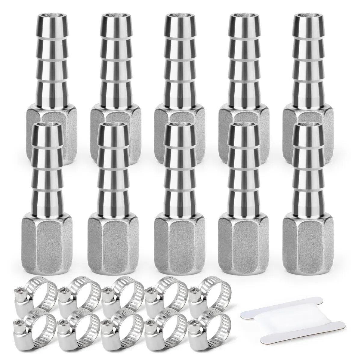TAISHER 10 PCS Forja de acero inoxidable 304 para accesorios de mangueras de aire, Accesorios para mangueras con espiga 8MM Barb x 1/4" FBSP Adaptador de tubería con 10 abrazaderas para manguera