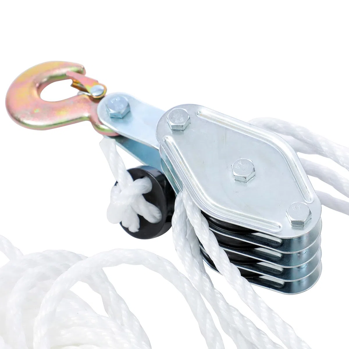 KATSU Tools Sistema de Poleas para Elevación, Capacidad de Rotura 4400lbs, Cuerda de Nylon 20m x 8mm, Ganchos de Acero, para Garaje y Construcción