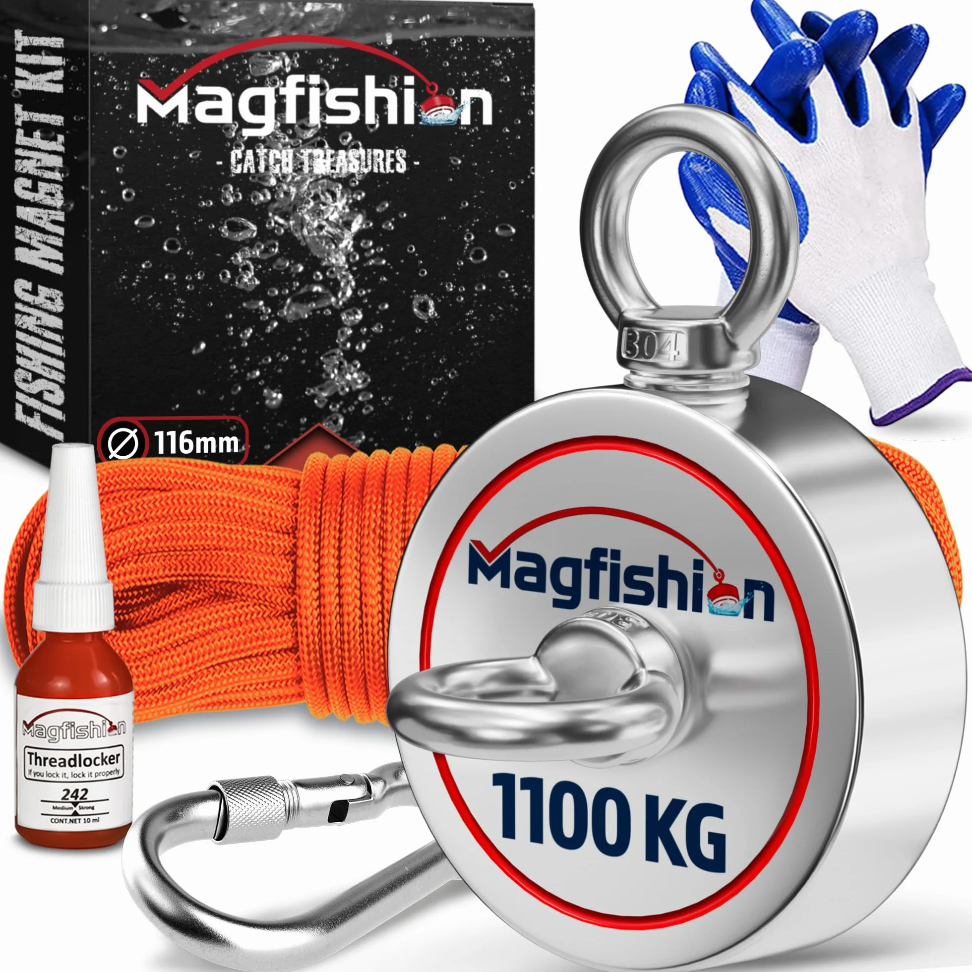 MAGFISHION Juego de Pesca Magnética - Fuerza de Atracción 1100KG (2500lb) - Ø116mm - Imanes Neodimio Potentes con Cuerda (20M) & Guantes- Iman de Neodimio