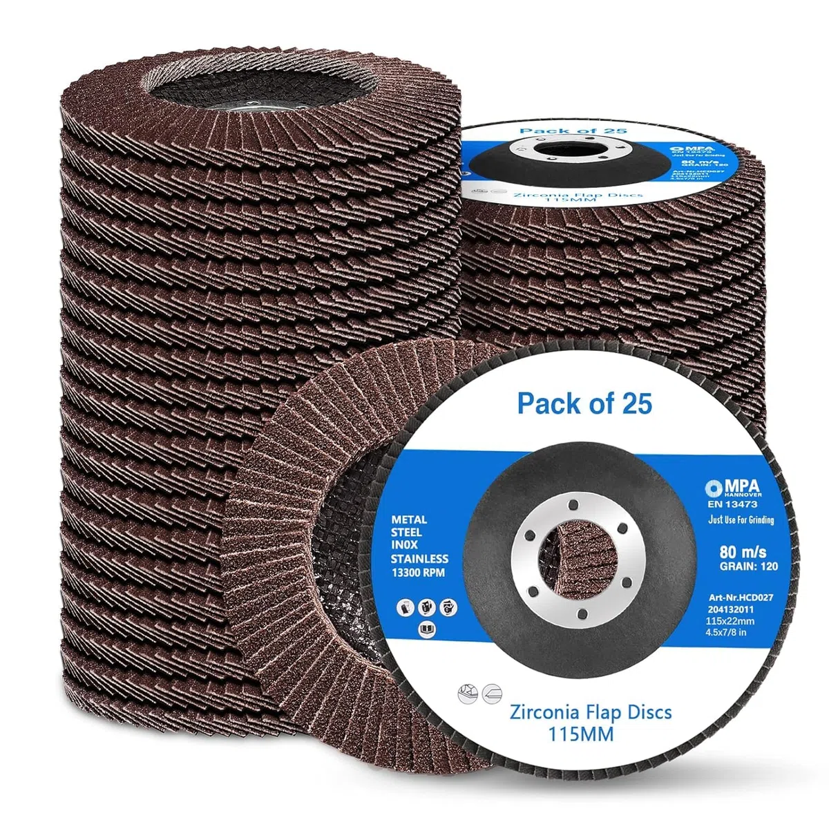 STEBRUAM 25 discos de láminas de 115 mm, discos abrasivos de láminas de grano 40/60/80/120/240 para amoladora angular con batería GWS, BTI, acero inoxidable, metal y madera (gris)