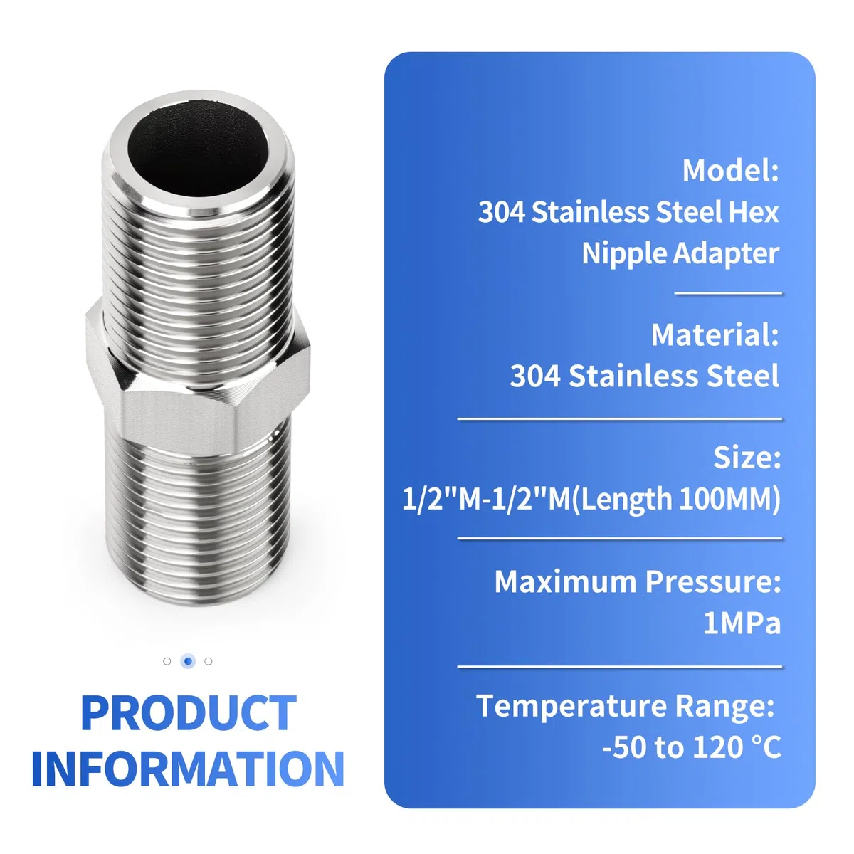 5 piezas de boquilla hexagonal, 1/2" BSP macho x 1/2" BSP macho, accesorios adaptadores para tubos de acero inoxidable 304, conector recto de 100 mm de longitud