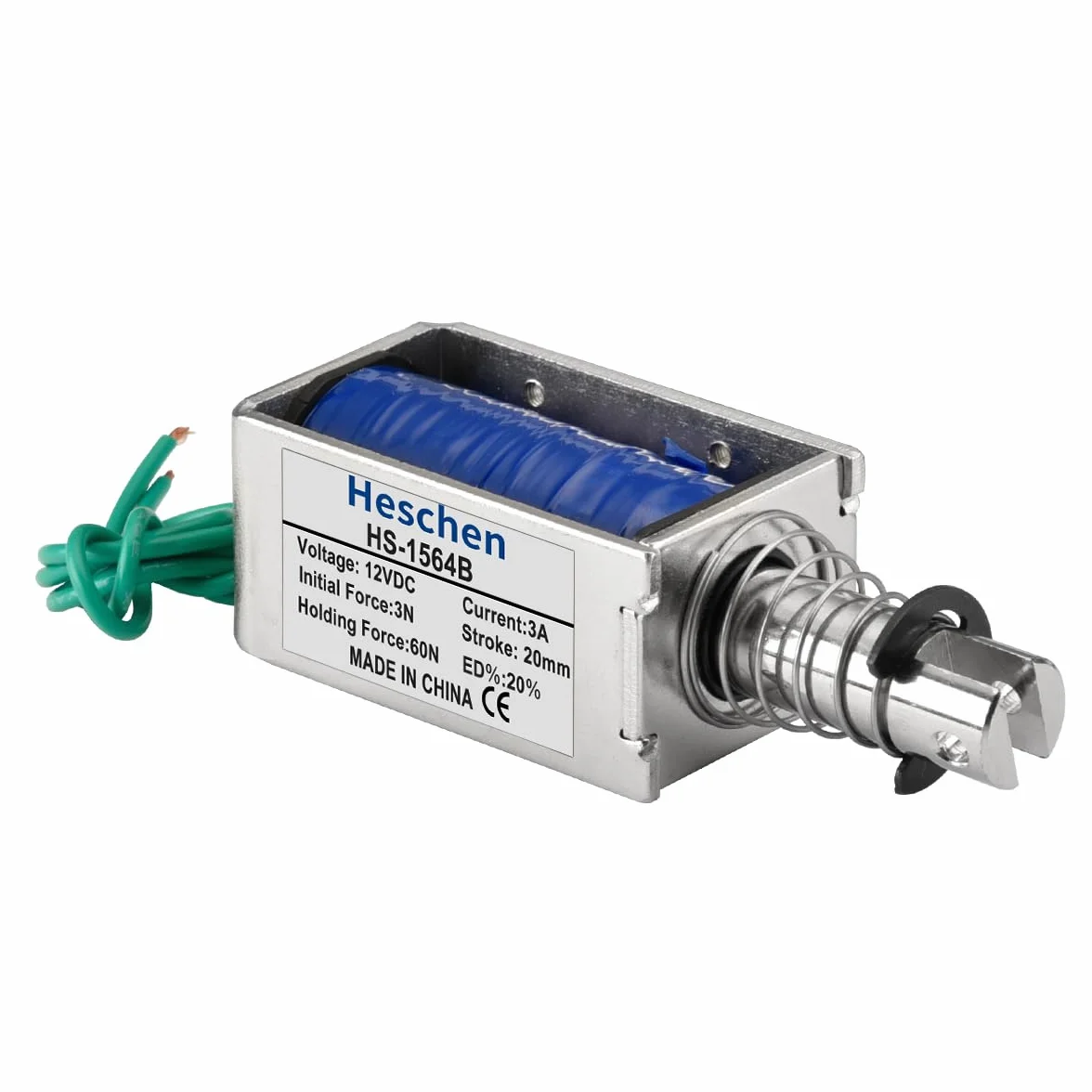 Heschen Electroimán de solenoide, HS-1564B, DC12V 3A, carrera de 20mm, fuerza 60N, tipo Push Pull Tipo, marco abierto, movimiento lineal