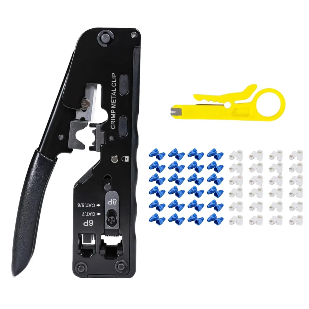 QSFPTEK RJ45/RJ11/RJ12 Cortador, Crimpadora rj45 Pasante, RJ45 Herramienta de Engarzado para Cat5/5e/6/6a/7/8, Incluye 1*Azul Crimper, 1*Cuchilla Reemplazo, Mini Pelador Cable, 50*Conectore, 50*Funda