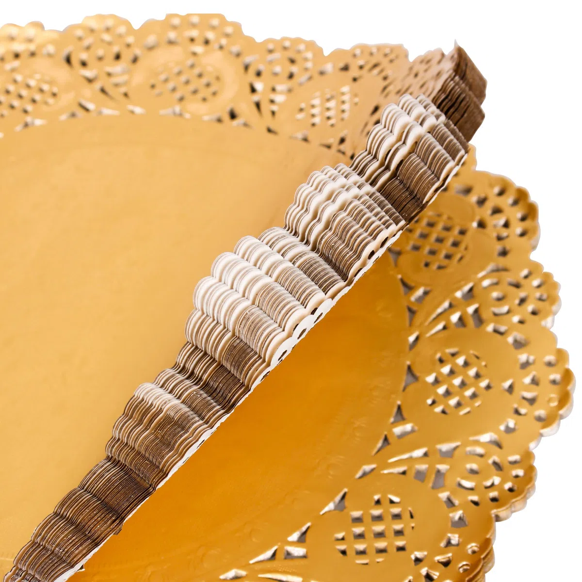 ANTETOK Doyley - Manteles individuales desechables de papel de encaje de 12 pulgadas, 200 unidades, elegantes tapetes de papel de encaje para fiestas, pasteles y manualidades, color dorado