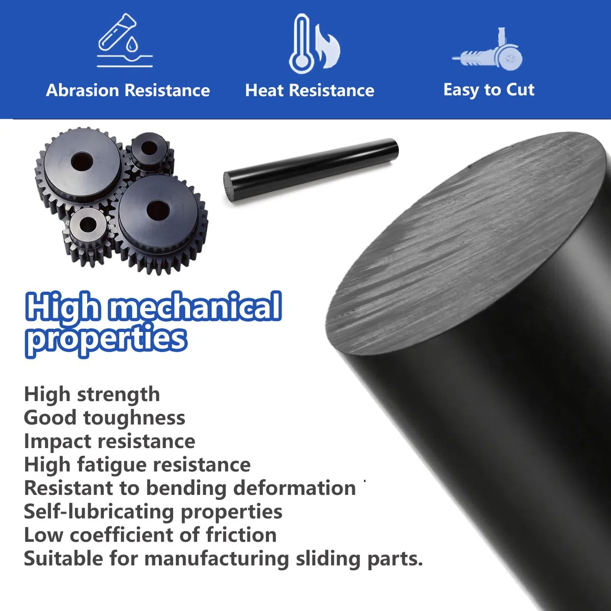 Pack de 4 Barras de Nylon PA6 Negro 50cm Ø15–30mm | Varilla Plástica Redonda para Mecanizado CNC, Bricolaje y Piezas Técnicas,20mm