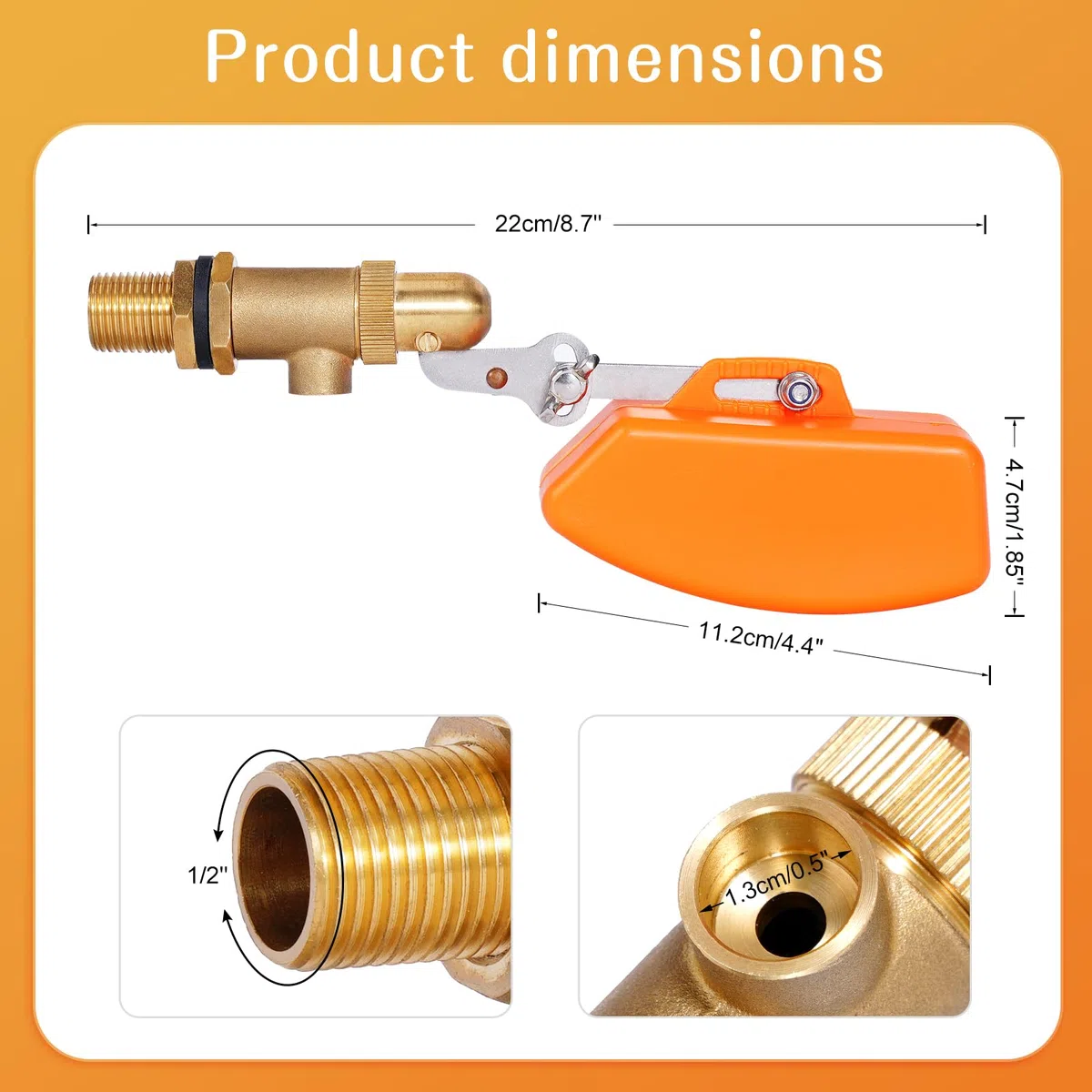 Válvula de flotador de latón de 1/2 pulgadas, válvula de flotador automática para tanque de agua, piscina, bebedero, flotador naranja de plástico, interruptor de flotador (1/2 pulgadas)