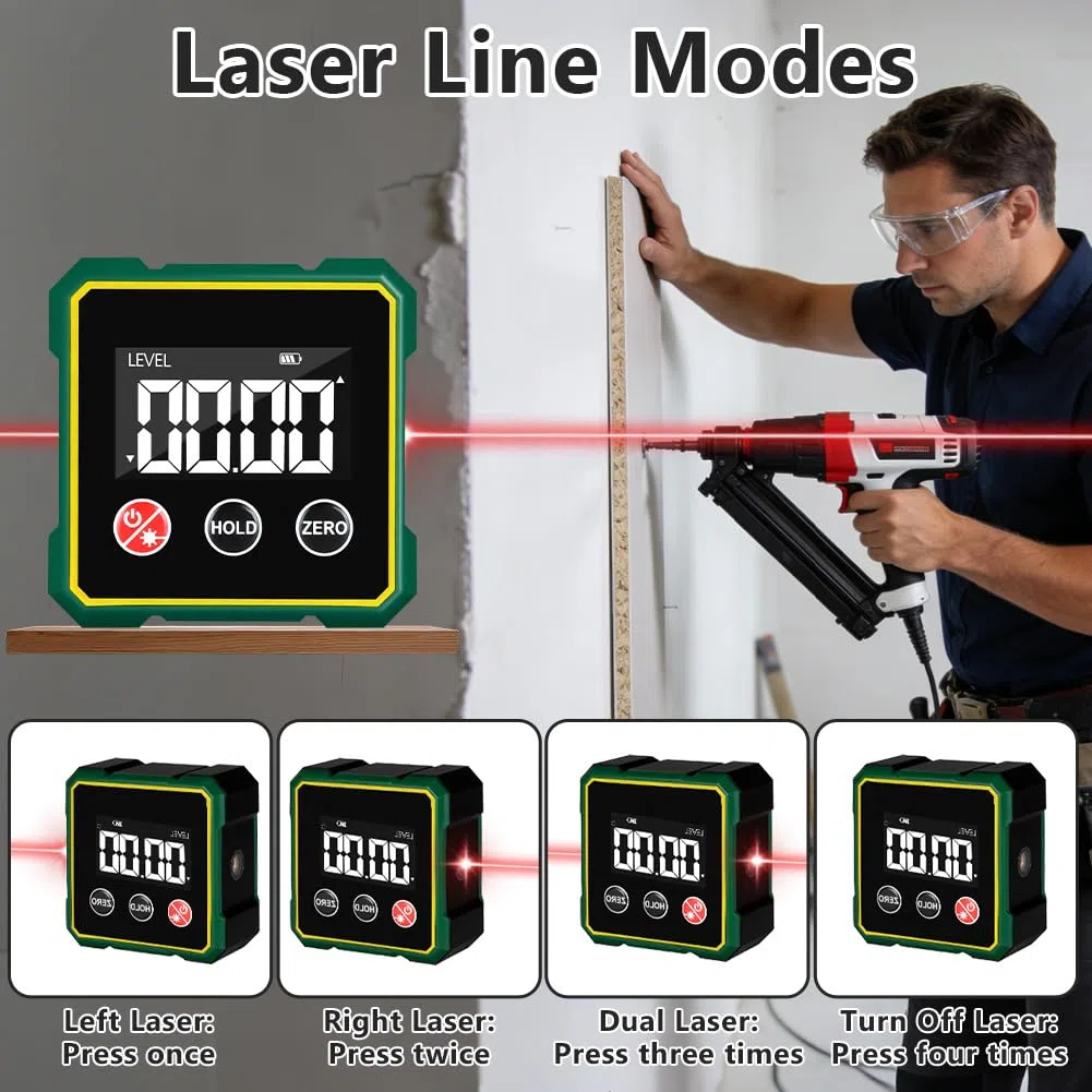Flintronic Buscador de ángulos Digital, Transportador Digital Magnético de 4 Lados con Láser, Inclinómetro con Pantalla LCD, para Carpintería, Construcción, Maquinaria