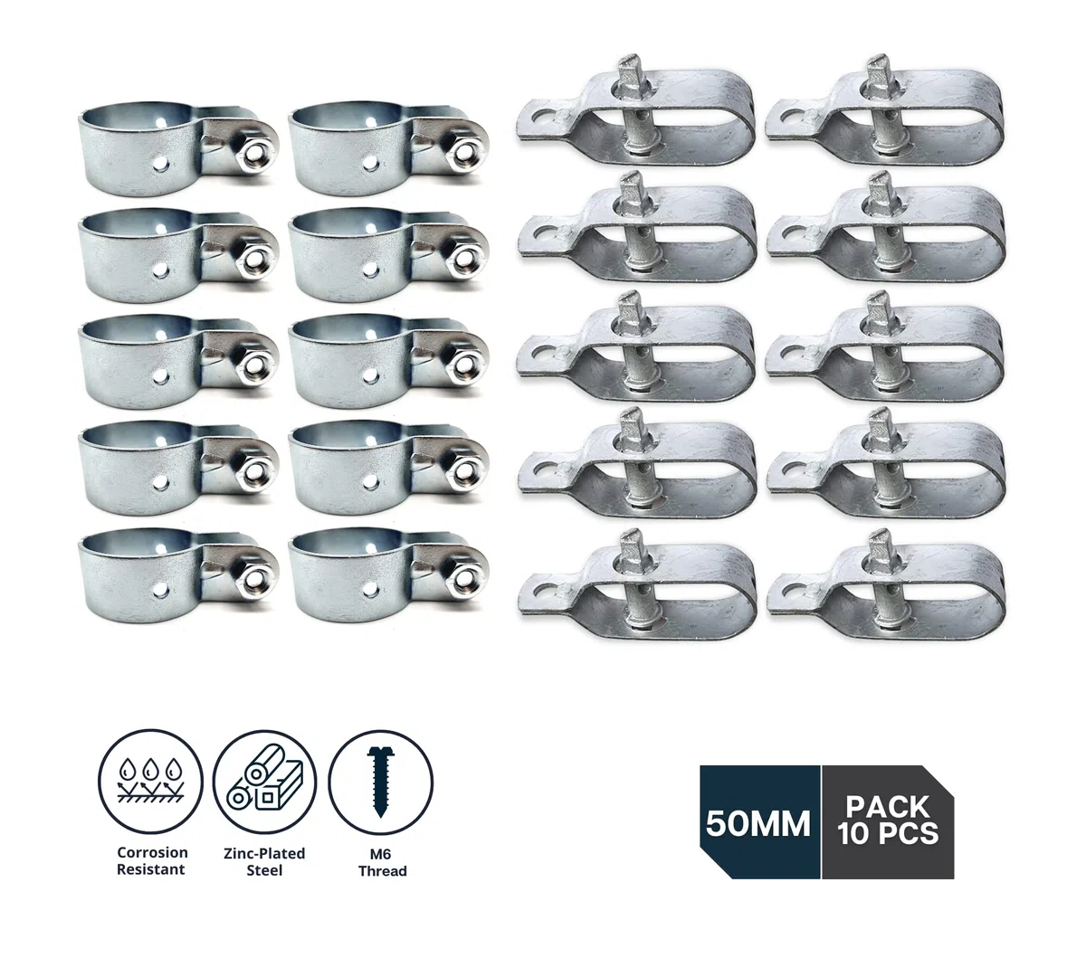DOJA Barcelona | Tensores para Alambre y Abrazadera Poste | Pack 10 Tensor Galvanizado + 10 Abrazadera Valla 48mm | Abrazadera en Acero Cincado con Tornillo | Alambradas para Fincas, Malla Metalica