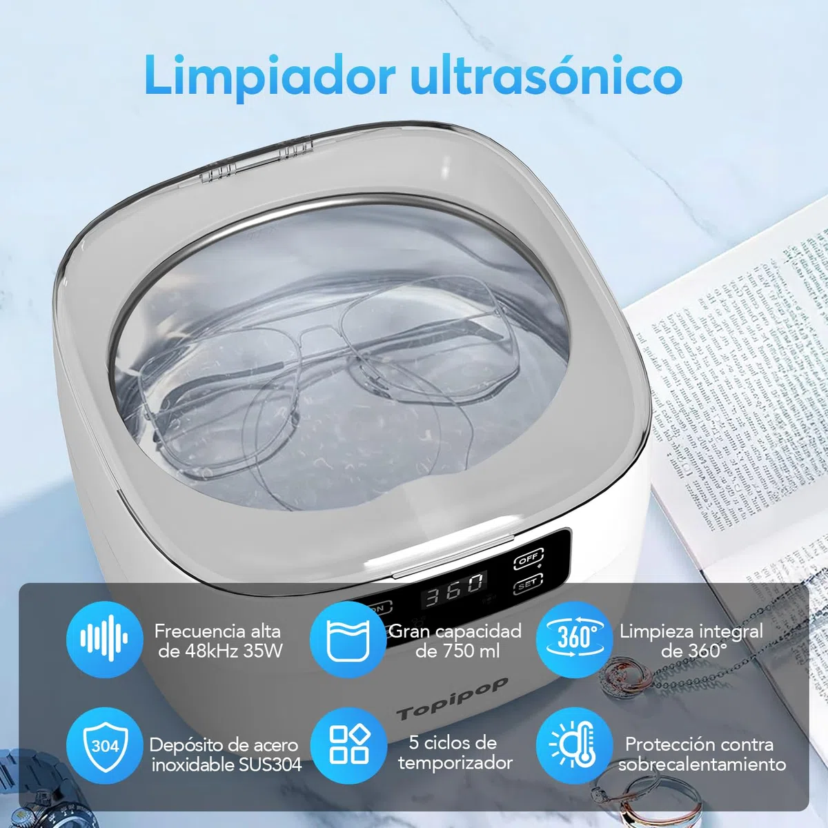 Topipop Dispositivo de limpieza ultrasónica, 48000 Hz, limpiador ultrasónico, 750 ml, limpiador ultrasónico de 5 modos, para limpiar gafas, joyas, relojes, anillos, cuchillas de afeitar, etc. (blanco)