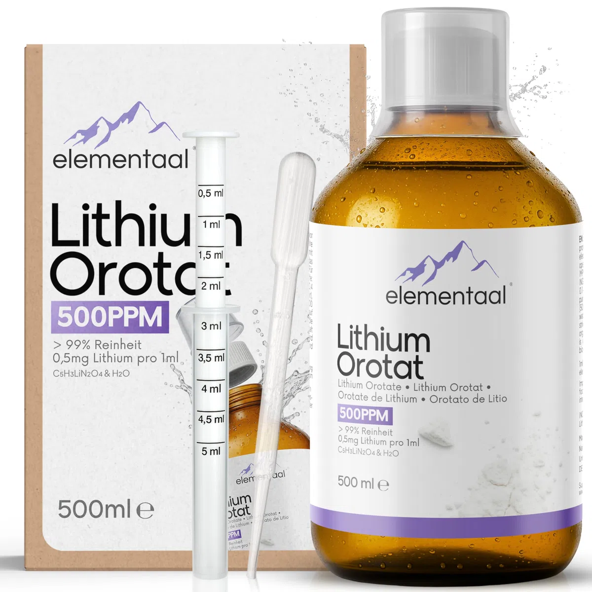Lithium Orotate >99% 500 PPM 500 ml | ml contiene 0.5 mg de litio elemental = 500 PPM | incl. vaso dosificador de 30 ml, jeringa dosificadora de 5 ml, pipeta de 3 ml & folleto informativo
