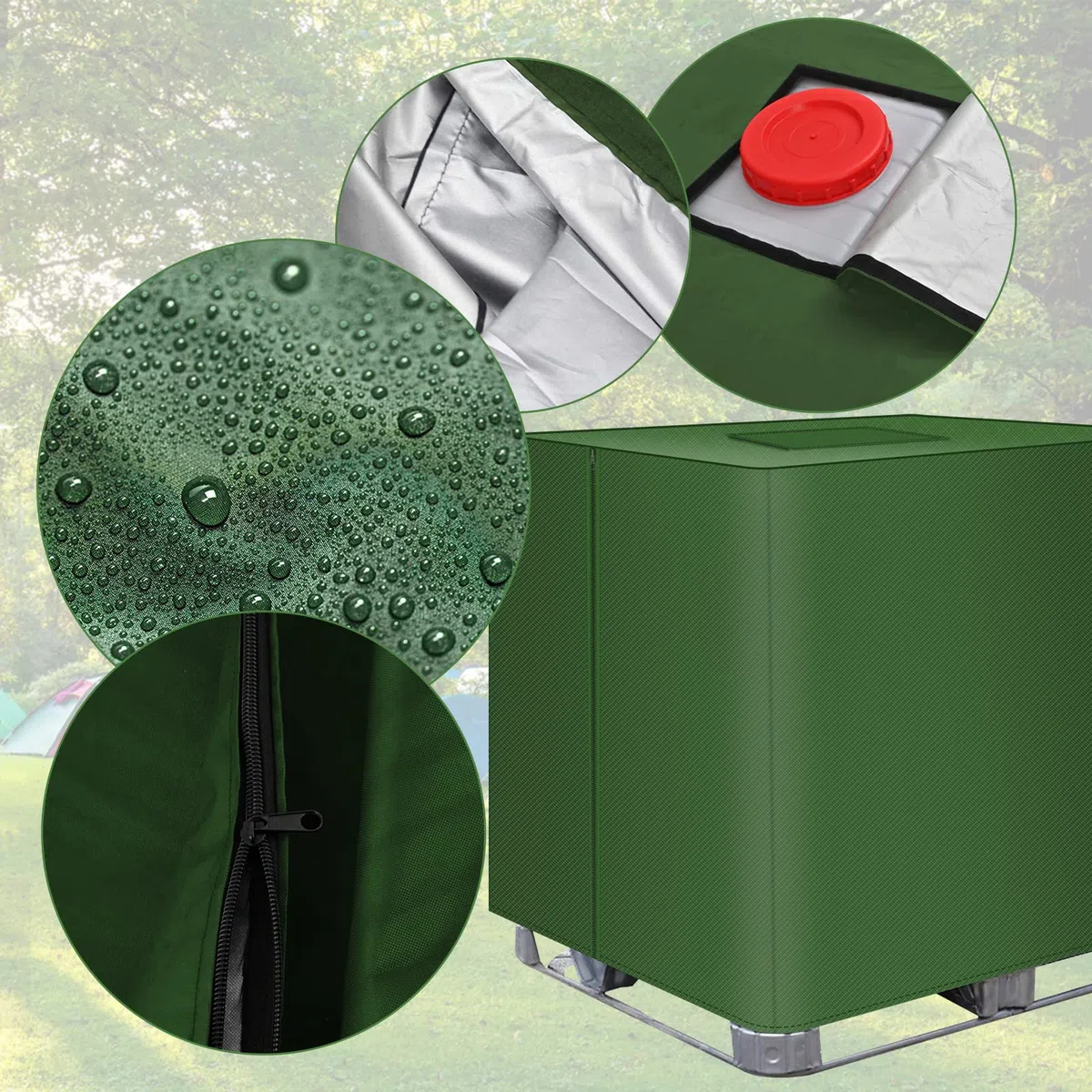 Cubierta para Depósito de Agua 1000L, 420D Funda Depósito Agua con Cremallera y Abertura Velcro, Anti UV Impermeable Antipolvo Cubierta Protectora para Depósito Lluvia, 120x100x116cm