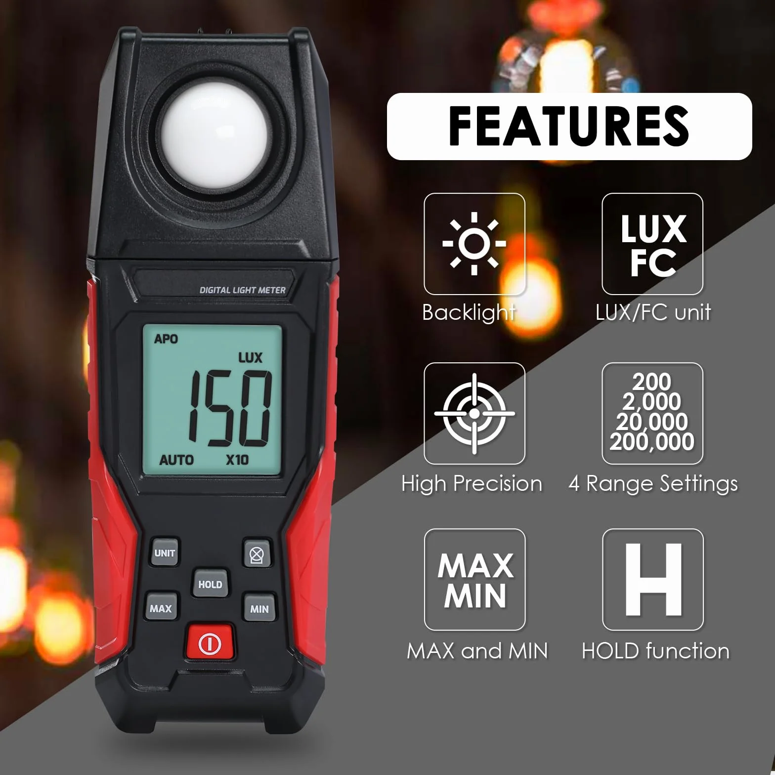 Medidor de Luz Digital Iluminancia Lux Meter 0.1~200,000 LUX (0.01~20000FC), Intensidad de Iluminación Medición de Brillo para Interior Exterior Plantas Película Fotografía Lumen Meter