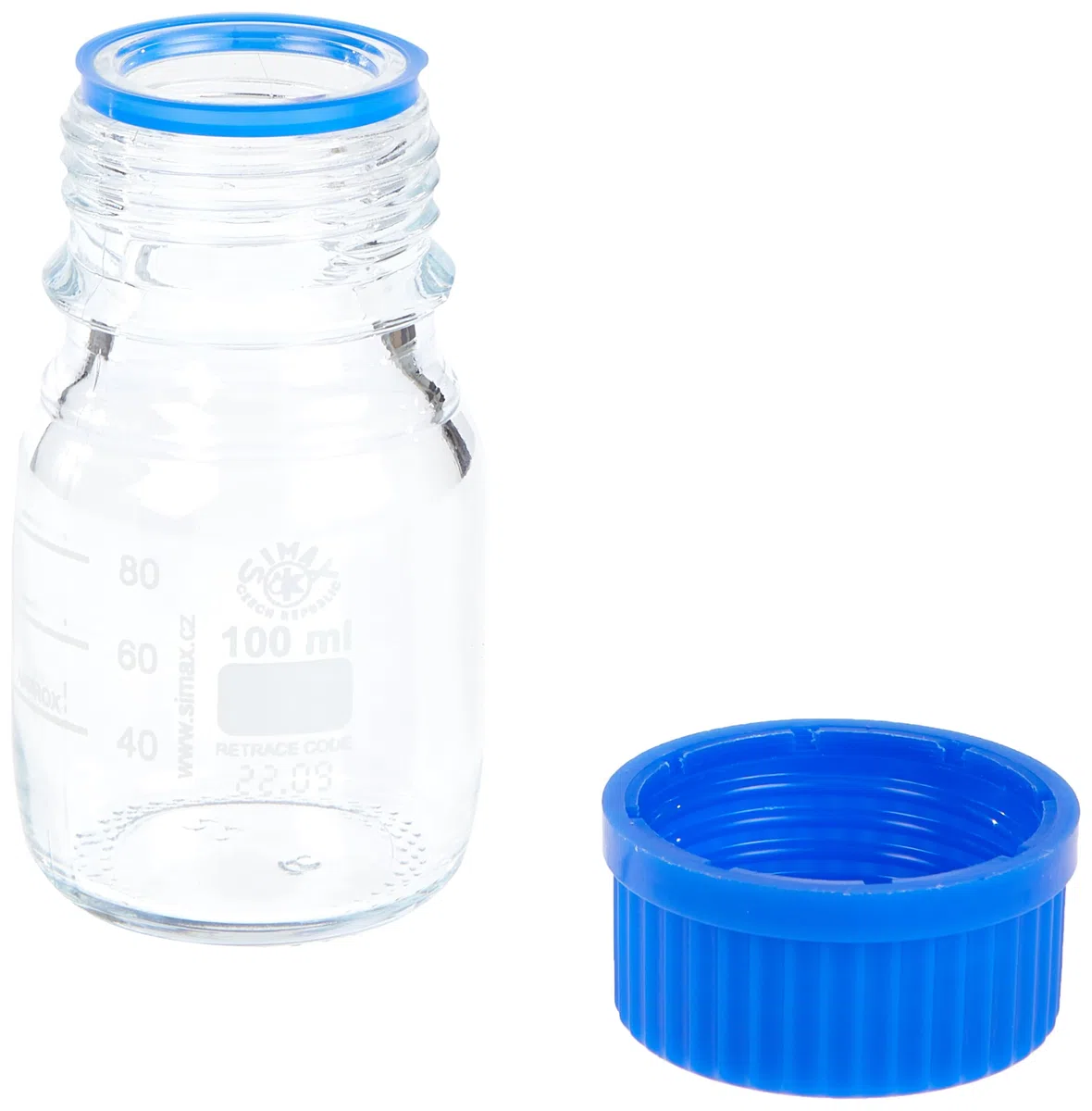 neoLab E-1429 Frascos de laboratorio, GL 45, 100 ml, rosca ISO, tapón + anillo vertedor (paquete de 10 unidades)