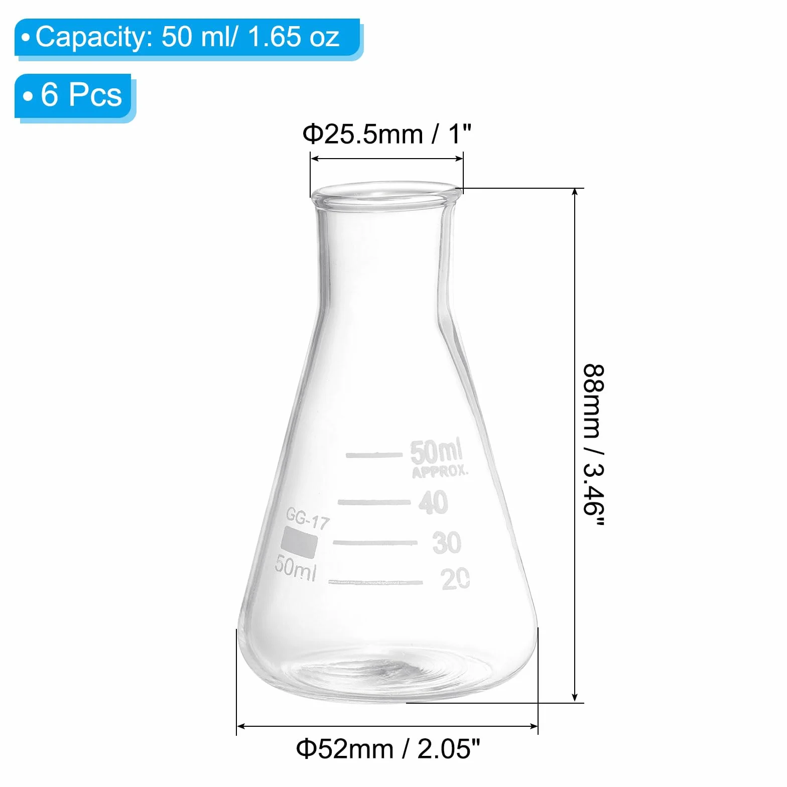 PATIKIL Matraz Erlenmeyer 6 Piezas 50Ml con Boca Estrecha Y Graduado Impreso de Vidrio de Borosilicato para Laboratorio Experimentos Química Estudio Científico