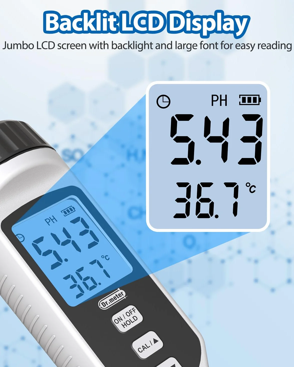 Medidor de PH, Dr.meter 2 en 1 Medidor de pH Digital con Pantalla LCD Precisión de PH 0.01 Medidor PH de 0-14 PH Calibração Automática para Aquários, Piscinas