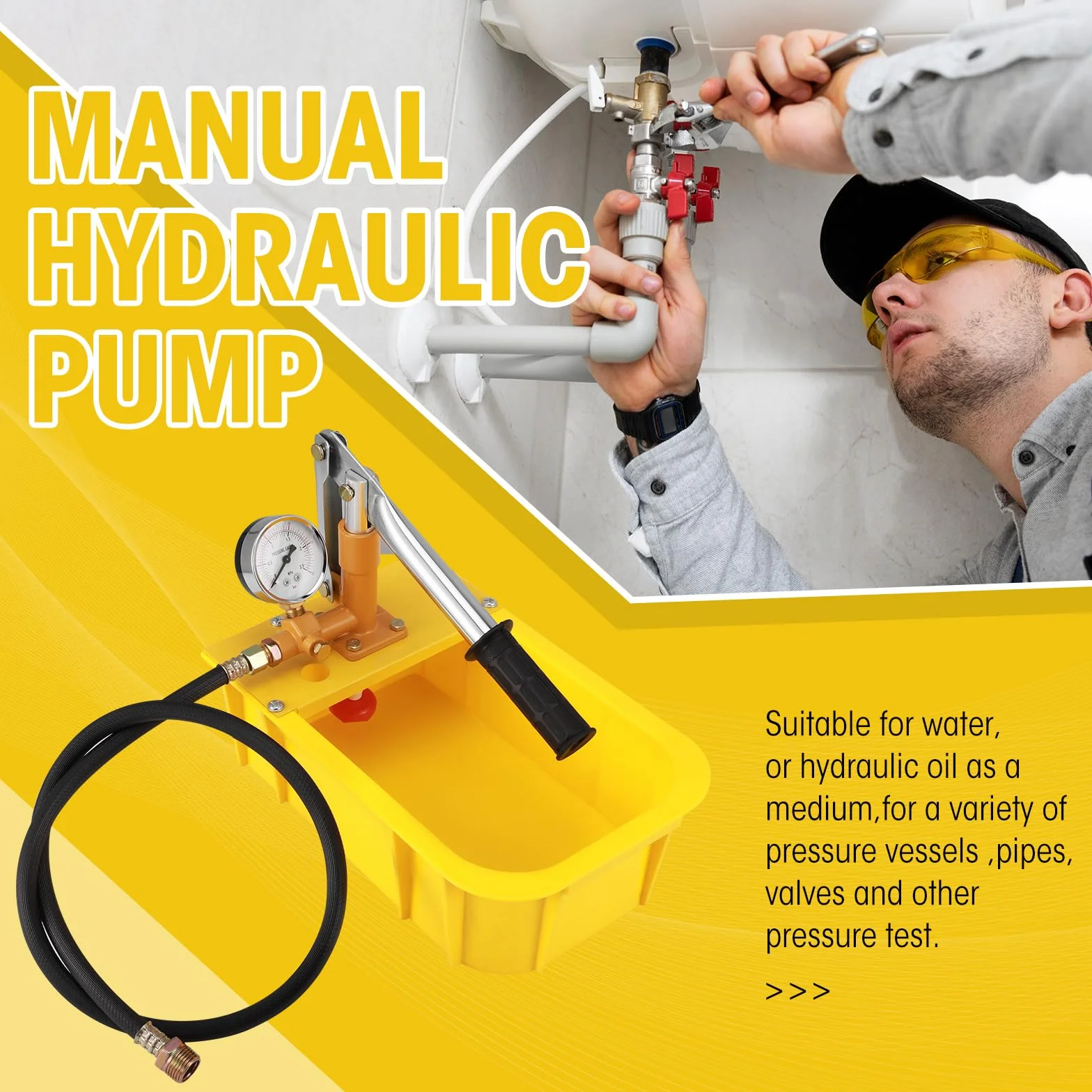 Bomba de presión manual Luqixcey, Industrial, Aluminio, Plástico, Amarillo, Bomba de agua, Bomba de mano, Bomba de prueba, Bomba de llenado, 2.5 MPa, 25 bares, 5 L, Solar, Hidráulica