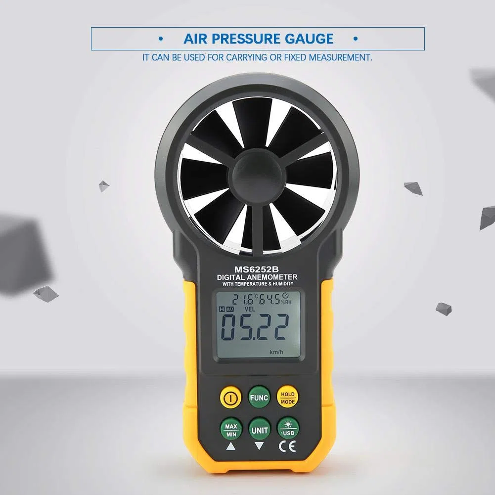 Anemómetro digital, PM6252B Velocidad de viento de mano LCD Luz de fondo LCD Medidor de volumen de aire Medidor de velocidad de viento Medidor de temperatura de humedad Medidor de temperatur